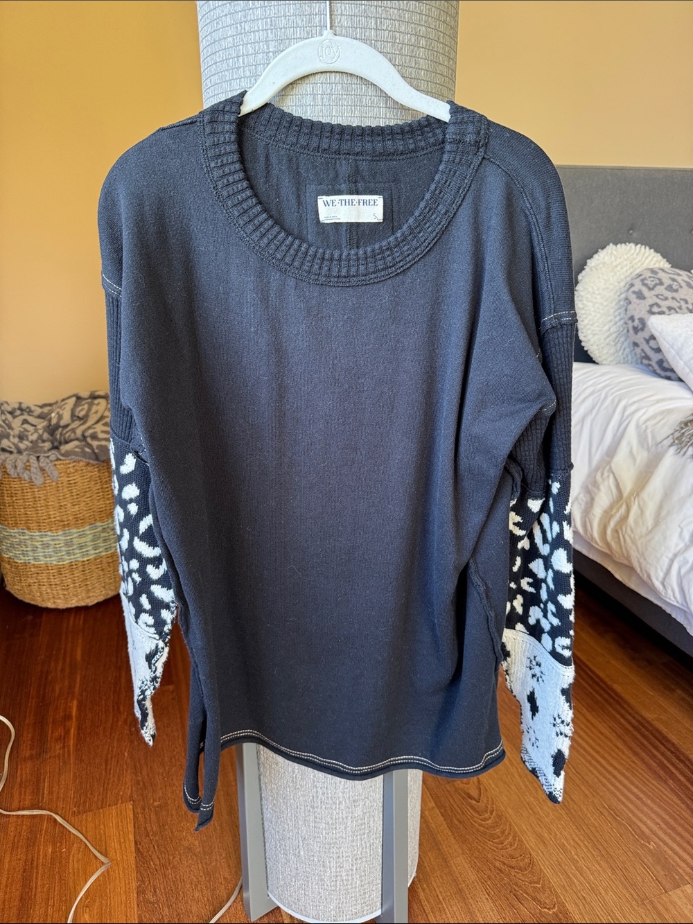 We The Free Black Pullover with White Leopard-Print Sleeves